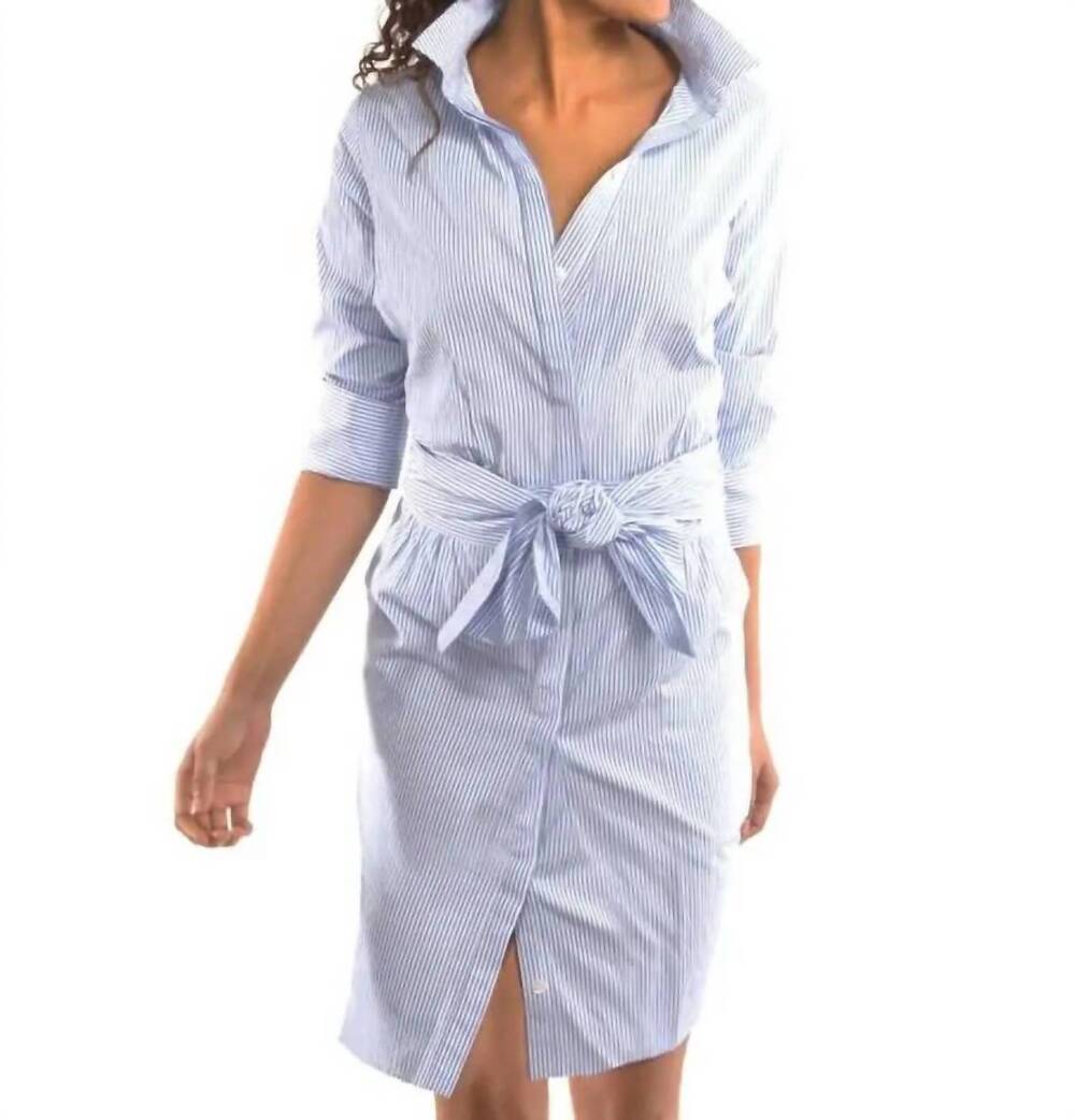 NEW GRETCHEN SCOTT wash and wear breezy blouson stripe dress in blue